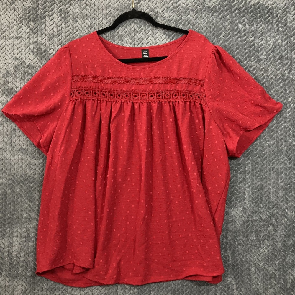 Shein Curve Blouse Women 5XL Swiss Dot Red Lace Detail